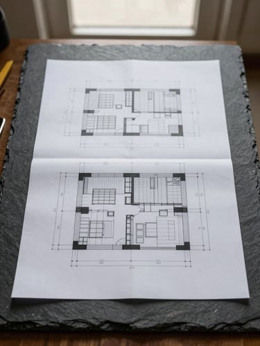 Straight-on elevation of a clean, flat-lay composition of technical construction drawings on a dark slate desk, natural overcast light, sharp architectural lines.