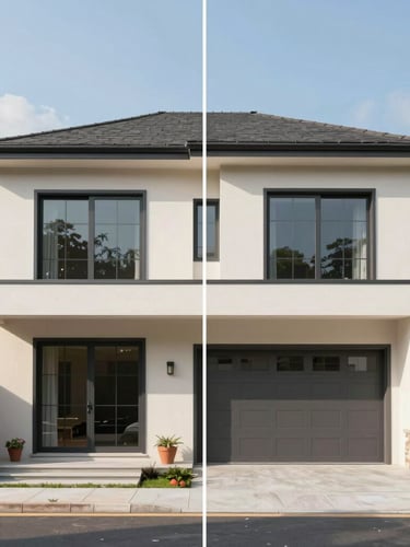 Side-by-side comparison of a photorealistic 3D rendering of a modern home addition and the finished built physical space, bright natural daylight, straight-on elevation.