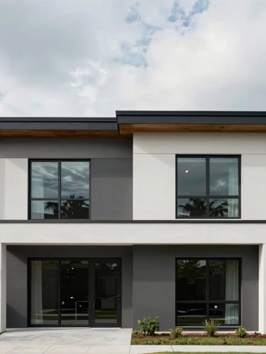 Straight-on architectural elevation of a modern two-story residential addition in Arlington, overcast daylight, clean lines.