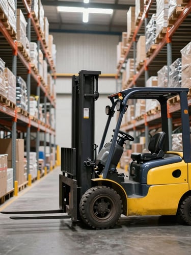 A vertical portrait of an organized warehouse aisle with high-bay racking, bright natural daylight, and a forklift parked neatly to the side in a clean Australian industrial setting.