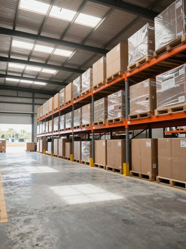 Wide-angle photograph of an organized, modern Australian logistics warehouse bay with high-visibility safety orange accents, clean concrete floors, bright natural daylight streaming through skylights.