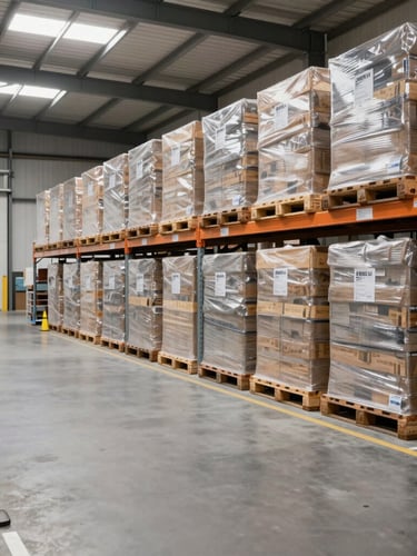 Wide angle shot of a modern, organized Australian warehouse bay with high-vis safety markers, bright neutral daylight overhead, neatly stacked logistics pallets in the background, sharp focus.