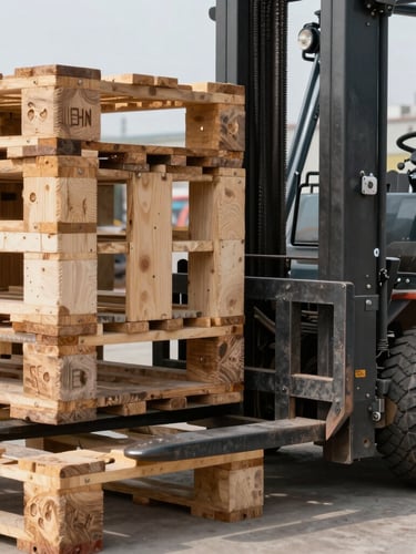 Sharp macro close-up of heavy-duty industrial logistics pallets and a forklift fork lifting a crate, bright neutral daylight