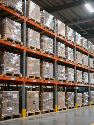 Sharp portrait shot of structured warehouse racking with neatly organized cartons, bright neutral overhead lighting, industrial logistics environment.