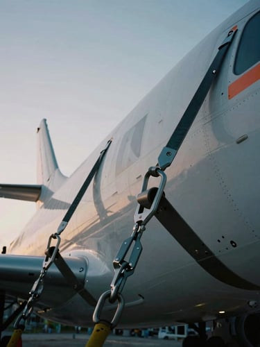 Close-up of heavy-duty steel tie-downs and complex rigging equipment securing an aerospace fuselage, dramatic low-angle industrial lighting.