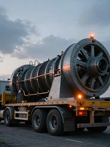 Low-angle heroic shot of a multi-axle heavy transport trailer carrying a massive industrial turbine, overcast twilight, flashing safety beacons.