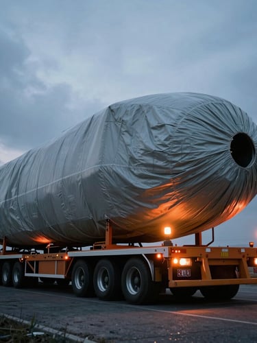 Low-angle heroic shot of a massive multi-axle heavy transport trailer carrying a covered aerospace fuselage at overcast twilight, safety beacons flashing, high contrast cool tones