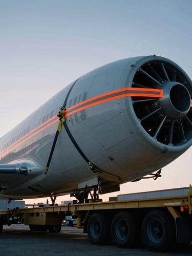 Low-angle technical shot of heavy-duty tie-downs and multi-point rigging equipment securing a massive aerospace fuselage on a multi-axle trailer, industrial yard