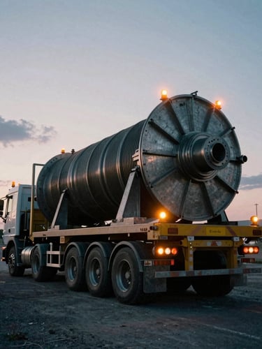 Low-angle heroic perspective of a multi-axle heavy transport trailer carrying a massive industrial turbine, overcast twilight with flashing safety beacons, 35mm film.