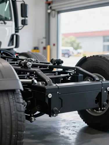 A close-up of a vehicle chassis and suspension system under clean workshop lighting, focusing on technical precision.