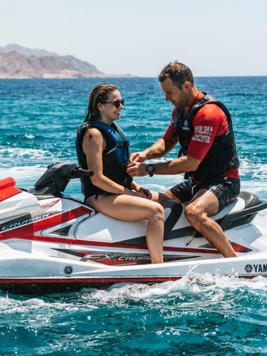 Dynamic action shot of a certified instructor adjusting safety gear on a modern jet ski in deep turquoise Red Sea water, high-contrast sunlight, low angle, sharp focus, premium editorial, 35mm