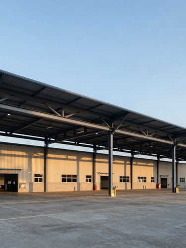 A wide-angle environmental shot of a modernized logistics terminal with massive steel structures, clean architectural lines under a clear blue sky, warm sunlight.