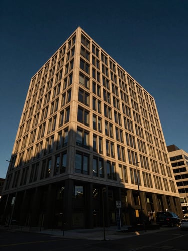Hasselblad medium format wide-angle environmental shot of a modern architectural corporate headquarters, natural architectural light casting long shadows, deep navy sky, warm gold window glow.