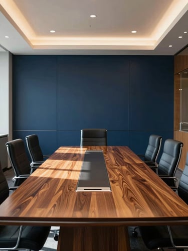 A wide environmental shot of a modern corporate boardroom with natural light reflecting off a polished mahogany table, deep navy tones, editorial corporate photography style.