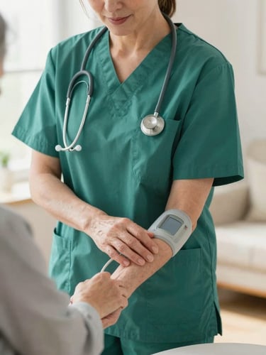 Medium close-up of a professional nurse in clean green scrubs gently checking the pulse of an elderly patient in a bright, warm home setting, soft natural morning light.