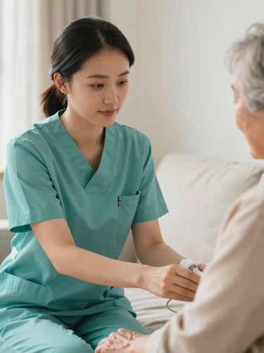 A certified female nurse in a clean teal uniform gently checking the pulse of an elderly patient in a warm, sunlit home environment, medium close-up, authentic editorial healthcare photography.