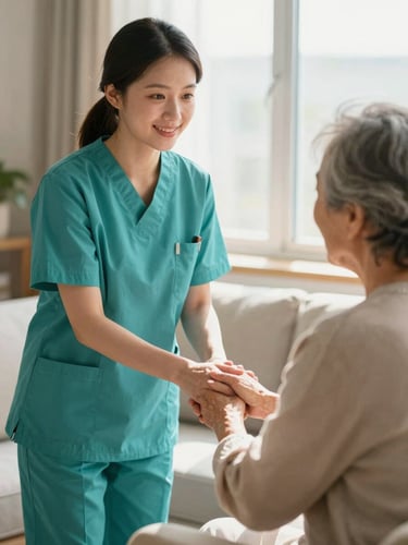 A professional female nurse in a clean teal uniform gently holding the hand of an elderly patient in a warm, sunlit living room, soft morning light, authentic editorial healthcare photography.
