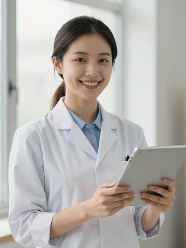 A professional female healthcare administrator in a light-colored clinic setting, holding a tablet, smiling warmly, soft natural window light, clinical-editorial style.
