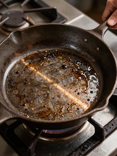 Extreme close-up overhead of a cast iron pan on a gas burner in a working restaurant kitchen, tungsten practicum light raking across the surface, a cook's wrist visible at the edge tilting the pan, real grease marks and seasoning on the metal, no studio setup