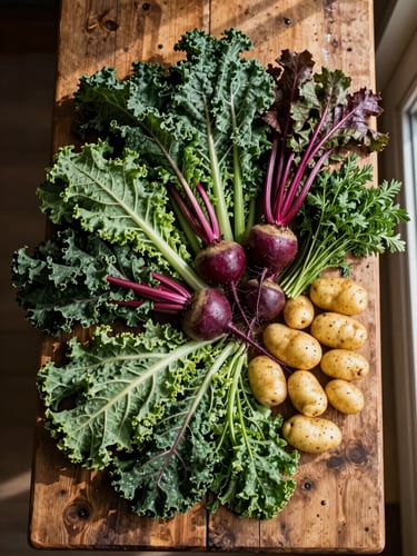 Overhead flat-lay on a worn wooden market table: a spread of seasonal vegetables — kale, beets, fingerling potatoes, a small bundle of herbs — arranged as if just unloaded from a crate, natural daylight from a side window casting long soft shadows, no styling, produce still damp from the field