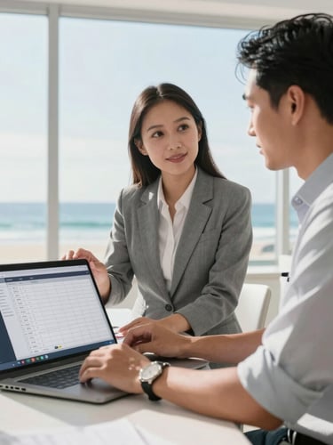 Professional Indonesian travel coordinator in a clean office showing a digital schedule to a local freelance driver, bright morning light, professional interaction, sharp focus, 35mm