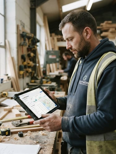 Sharp 35mm shot of a Welsh tradesperson reviewing a tablet screen inside a bright workshop, natural overcast daylight, focus on the screen showing a local SEO dashboard, authentic work environment.