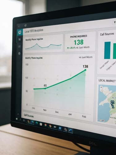 Authentic close-up of a computer screen displaying a clean local SEO dashboard with rising phone inquiry metrics under natural overcast Welsh daylight