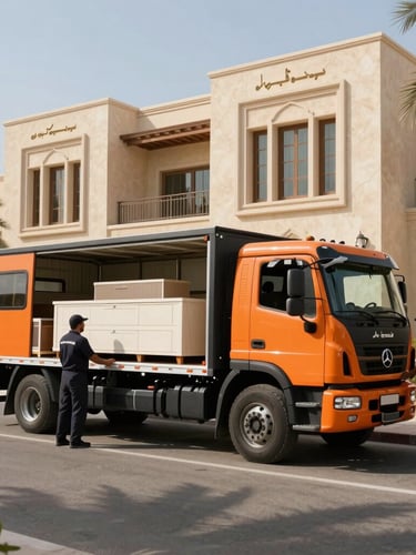 Wide environmental shot of a clean, branded orange and black truck parked outside a luxury Arabian Ranches villa, uniformed crew loading bulky furniture under bright Dubai sun.
