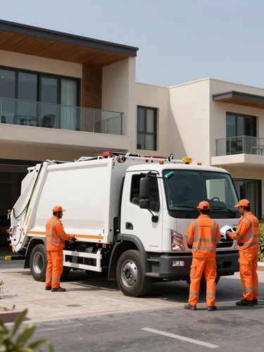 A clean, branded waste removal truck parked outside a modern Dubai villa, uniformed crew members in high-visibility safety orange uniforms preparing to load items under bright daylight.