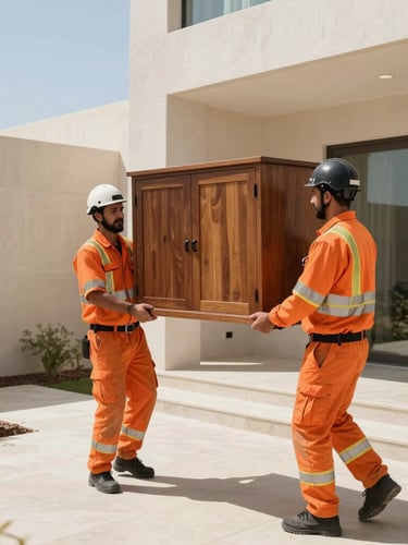 Action shot of two professional crew members in orange safety uniforms carrying a bulky wooden cabinet down a clean modern villa outdoor staircase, bright Dubai daylight.