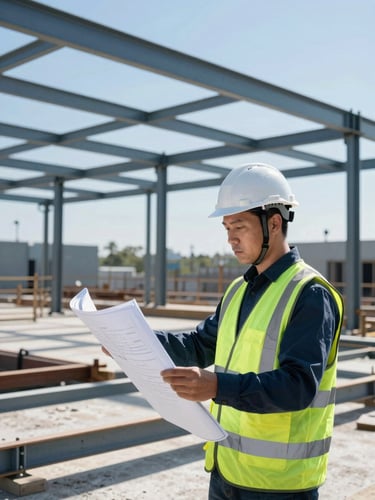 A construction superintendent in a hard hat and safety vest reviewing blueprints on an active commercial job site, structural steel in the background, harsh midday sun, high-contrast cool blue and safety green tones, sharp detail, 35mm lens