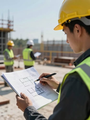 Tight macro shot of a construction superintendent reviewing detailed architectural drawings on a tablet, hardhat in foreground, active job site blurred in background, high-contrast morning light.