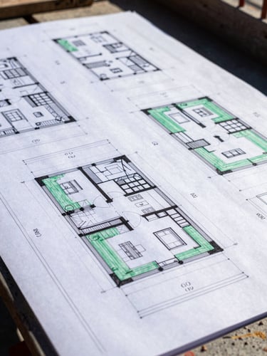 Detailed architectural drawings on a construction site table, harsh direct midday sun, high-contrast cool blue and safety green tones, sharp detail, 35mm lens
