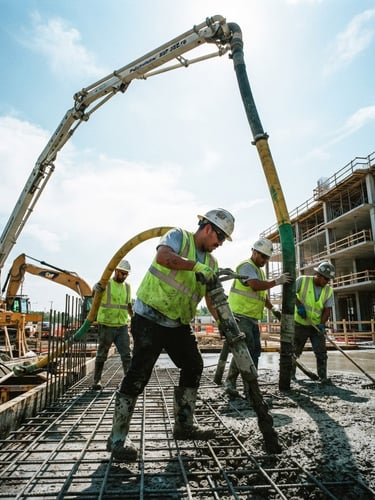 Active commercial job site, low-angle heroic shot of a concrete pour, harsh direct midday sun, high-contrast cool blue and safety green tones, sharp detail, 35mm lens