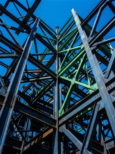 Massive architectural crop of structural steel framing against a clear sky, direct midday sun, low-angle heroic shot, high-contrast cool blue and safety green tones, sharp detail.