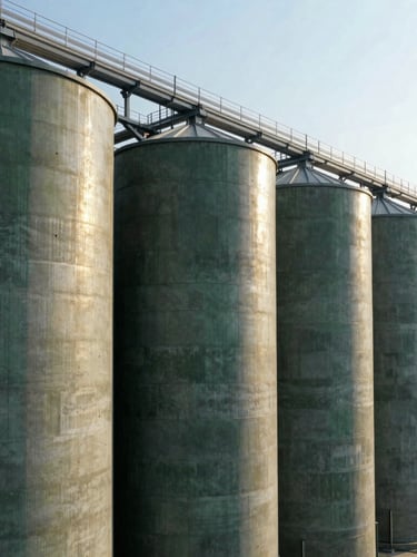 Wide shot of modern concrete grain silos under bright daylight, clean industrial lines, subtle gold tones in the afternoon sun, high-end corporate minimalist style.