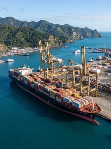 Wide-angle aerial perspective of a massive cargo vessel docked at a modern deep-water port, loaded with grain containers, bright morning daylight, rich deep greens of the coast and subtle gold tones of the crane structures.