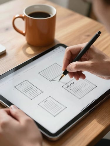 Close-up of hands sketching a website wireframe on a tablet next to a warm ceramic coffee mug on a wooden desk, natural morning light.