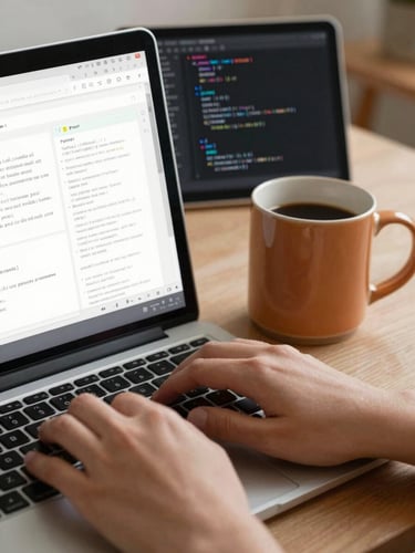 Close-up detail of a designer's hands typing code next to a warm ceramic mug, split-screen showing clean website wireframes and a structured AI prompt interface in soft morning light.