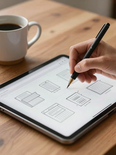 A close-up of a designer's hands sketching a website wireframe on a tablet next to a ceramic coffee mug on a warm wooden desk, soft natural morning light.