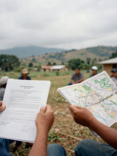 A close-up of hands holding legal documents and topographic maps during a community assembly in a rural Colombian territory, natural overcast daylight, documentary style.
