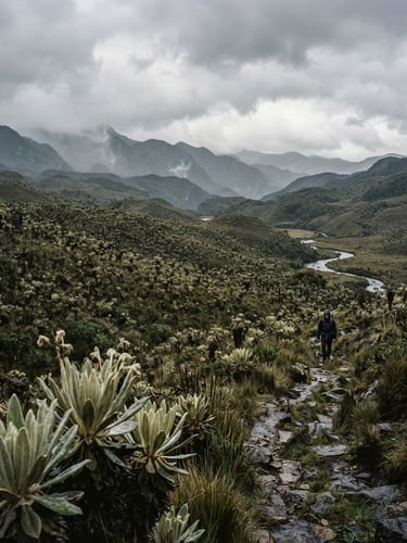 Documentary photography of a vast paramo ecosystem in Colombia under an overcast sky, deep green and gray tones, wide-angle environmental framing, 35mm film texture.