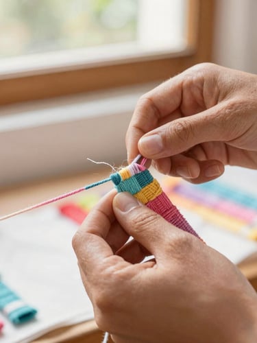 Artisanal textile workshop in Mexico, hands carefully weaving a colorful cotton dog collar, warm natural window light, detailed macro shot of threads, 35mm