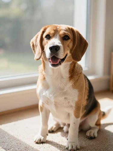 Eye-level photo of a happy beagle sitting calmly on a rug while warm daylight shines through the window, shallow depth of field, 35mm