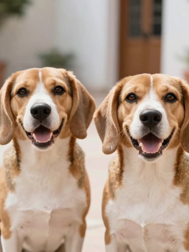 Close-up of two happy Beagle dogs sitting side by side in a sunlit Mexican patio, warm editorial pet photography, shallow depth of field, 35mm