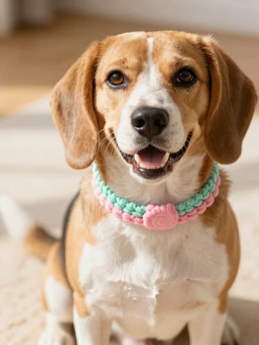 Close-up of a cheerful Beagle wearing a custom pastel pink and mint hand-woven collar, sitting in warm sunlight on a cream rug, shallow depth of field, 35mm