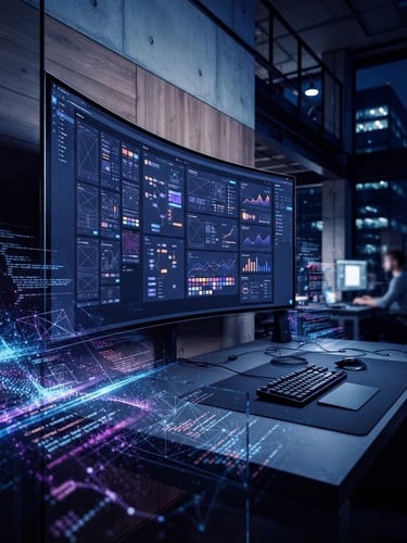 Wide cinematic shot of a modern architectural workspace, a high-fidelity UI/UX mockup on a large screen, with abstract digital textures representing data and code in the foreground. Deep blue and purple ambient lighting, high contrast, cinematic depth of field, 35mm.