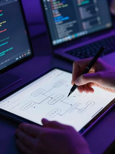 Close-up of hands sketching a UI/UX flow on a tablet, modern workspace with deep blue and purple ambient lighting, high contrast, cinematic depth of field, subtle glassmorphism on screens, reflecting code and data. The focus is on collaborative design.