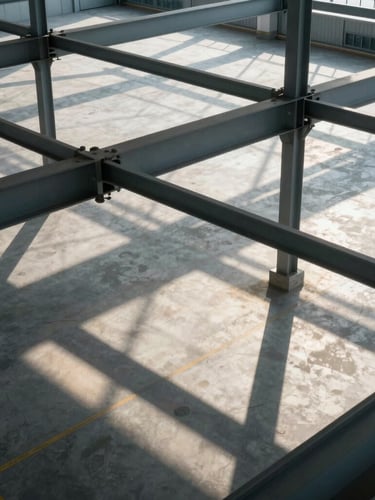 A high-angle architectural detail of a modern logistics terminal, structured steel beams framing clean morning light, geometric shadows on concrete.