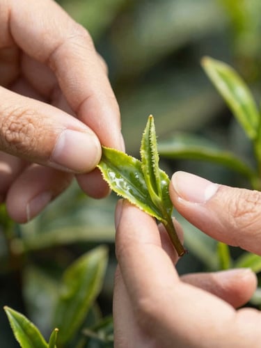 Macro close-up of raw green tea leaves being inspected by hand in natural high-contrast daylight, focus on the texture of the leaves and hands, soft background of a tea estate.